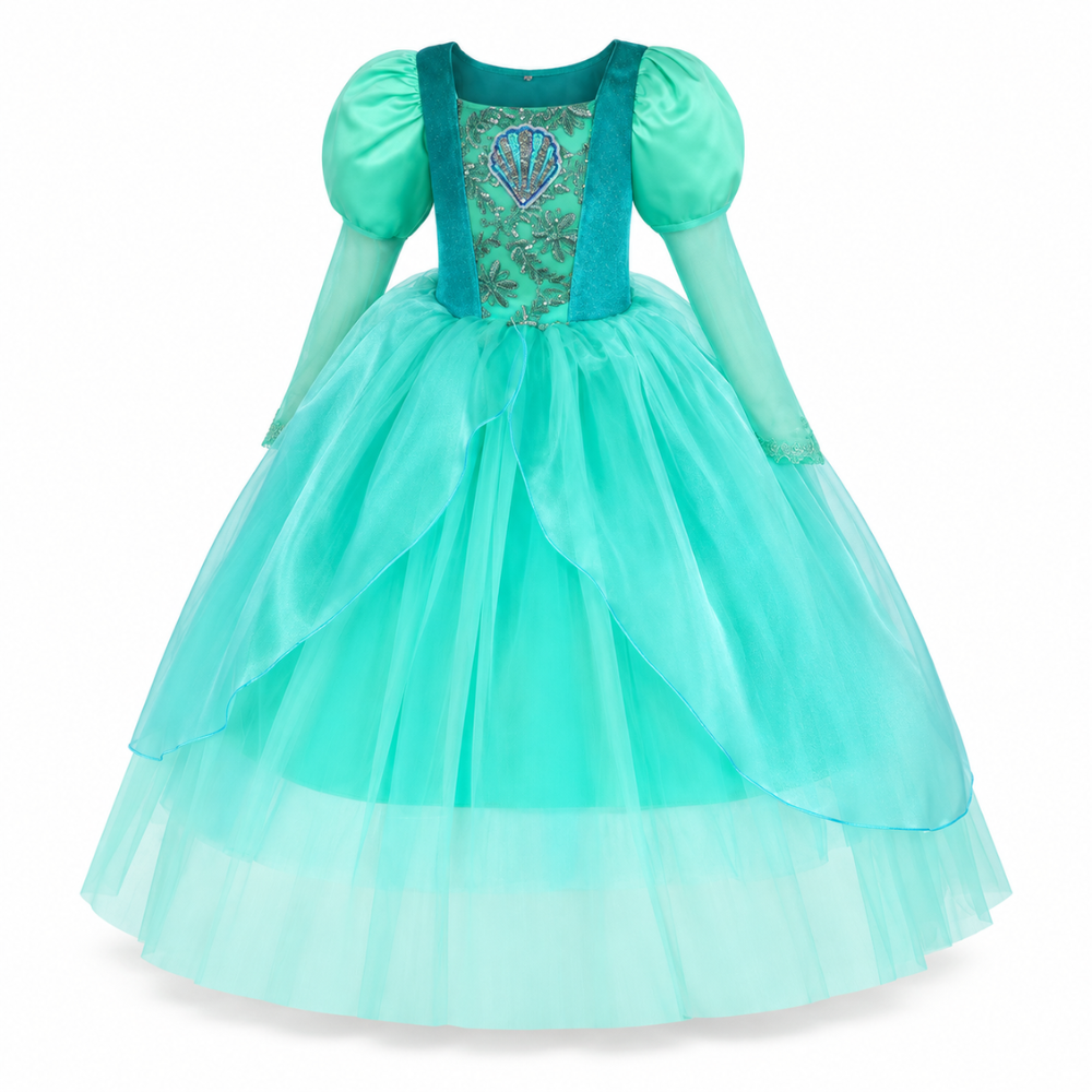 Robe de Princesse Fille Vert Corsage Brodé Coquillage – 2 à 10 ans
