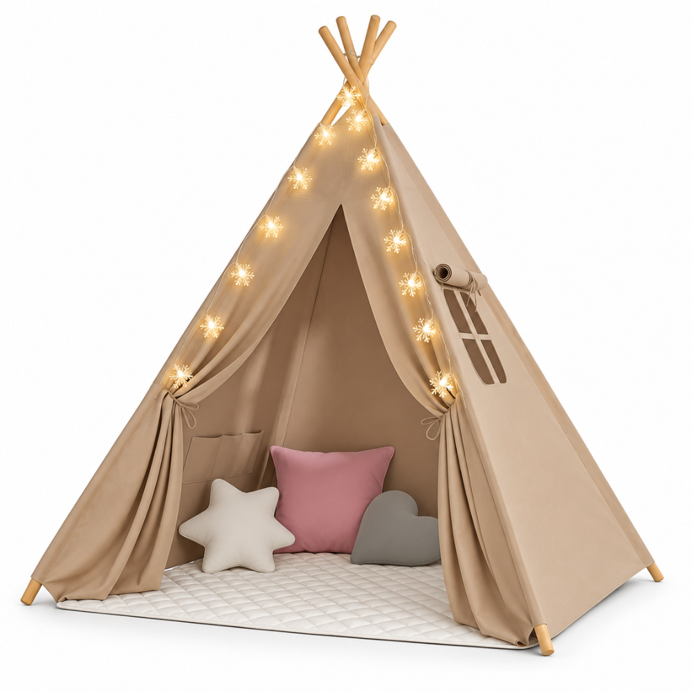 Tipi Enfant Fille Beige avec Tapis, Coussins et Guirlande Lumineuse