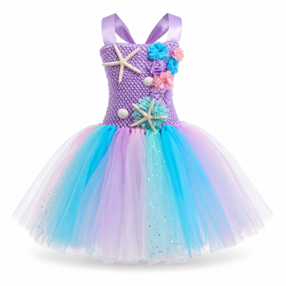Robe de Princesse Fille Sirène en Tulle avec Étoiles de Mer – 2 à 12 ans