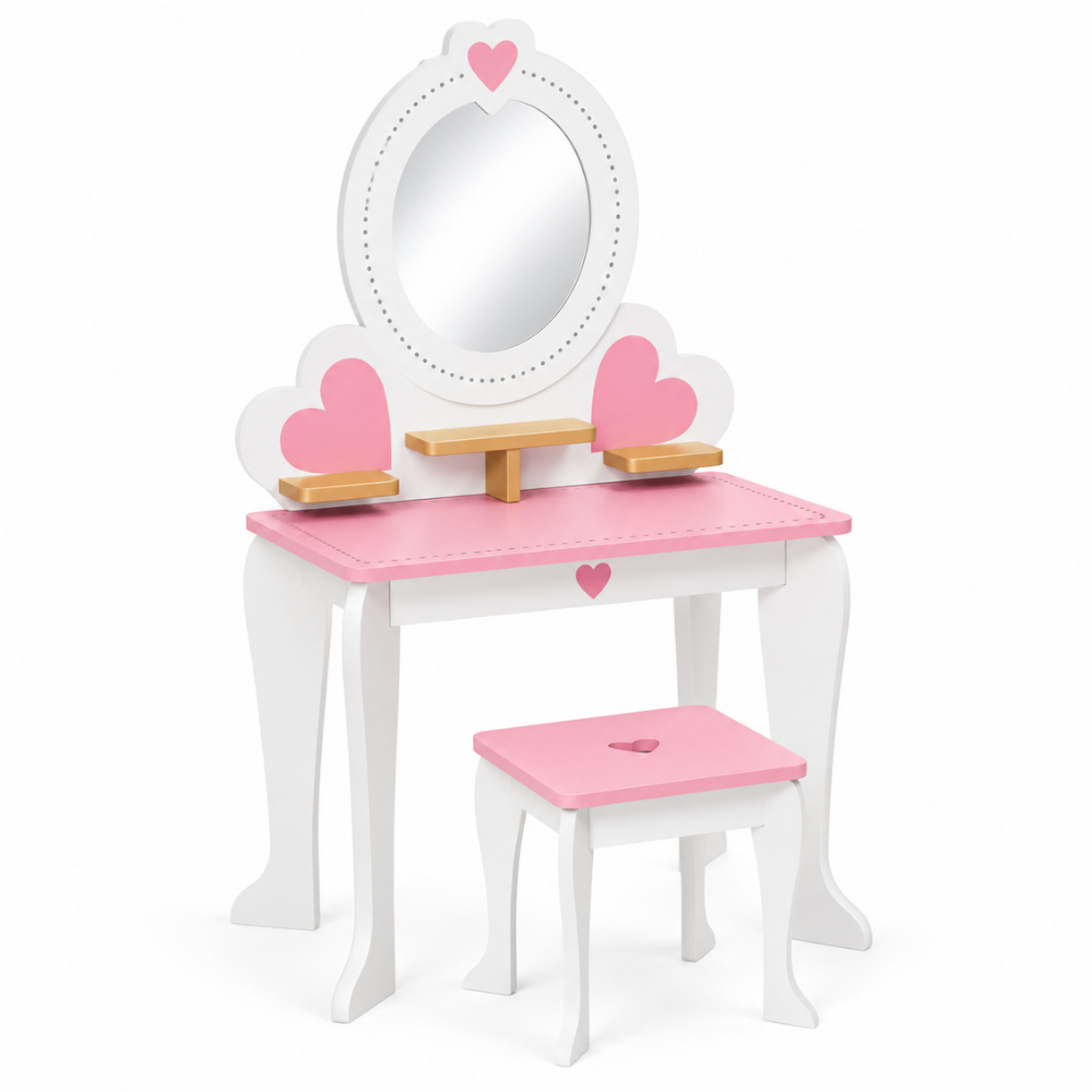 Coiffeuse enfant princesse 2 en 1 en bois avec miroir amovible et tabouret — dès 3 ans