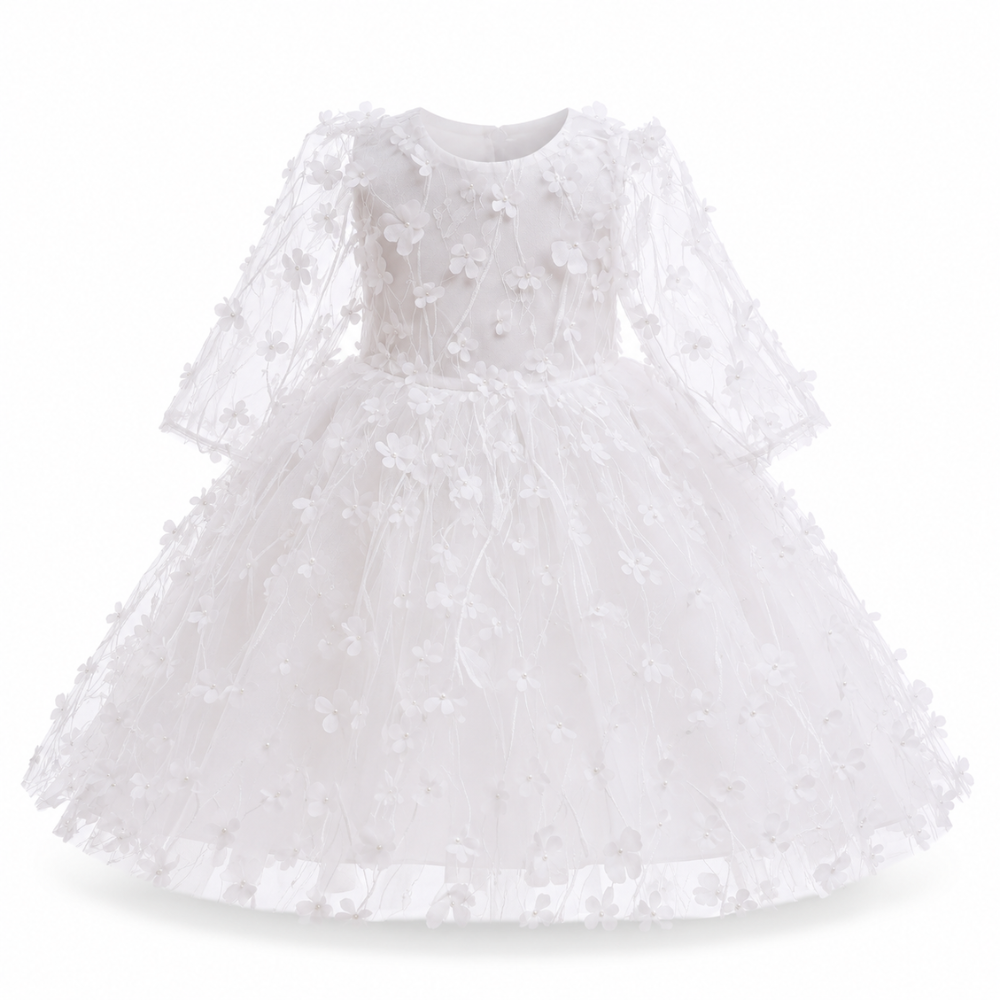 Robe de Princesse Bébé Blanche de Baptême et Manches Longues – 0 à 24 mois