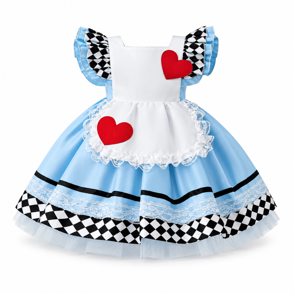 Robe de Princesse Bébé Bleue à Tablier Blanc et Damier – 9 mois à 4 ans