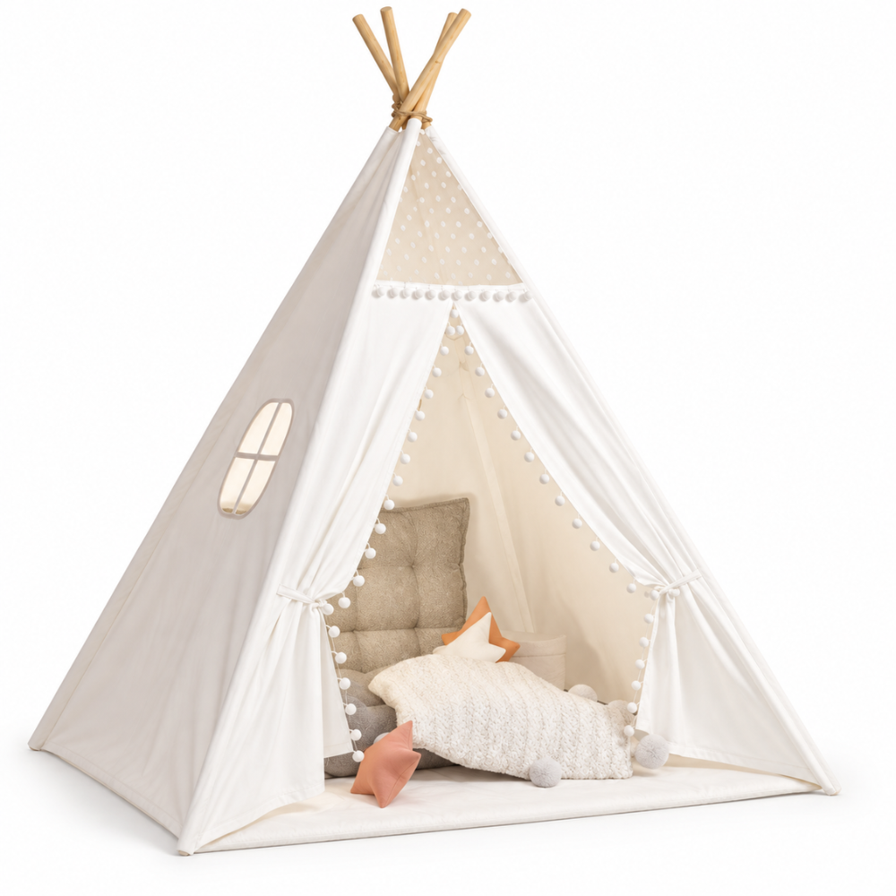 Tipi Enfant Fille Blanc à Pompons avec Fenêtre