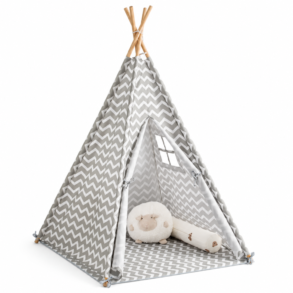 Tipi Enfant Gris à Chevrons avec Tapis de Sol et Fenêtre