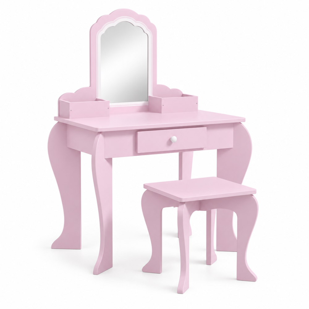 Coiffeuse enfant princesse en bois rose avec miroir et tabouret — 3 à 6 ans