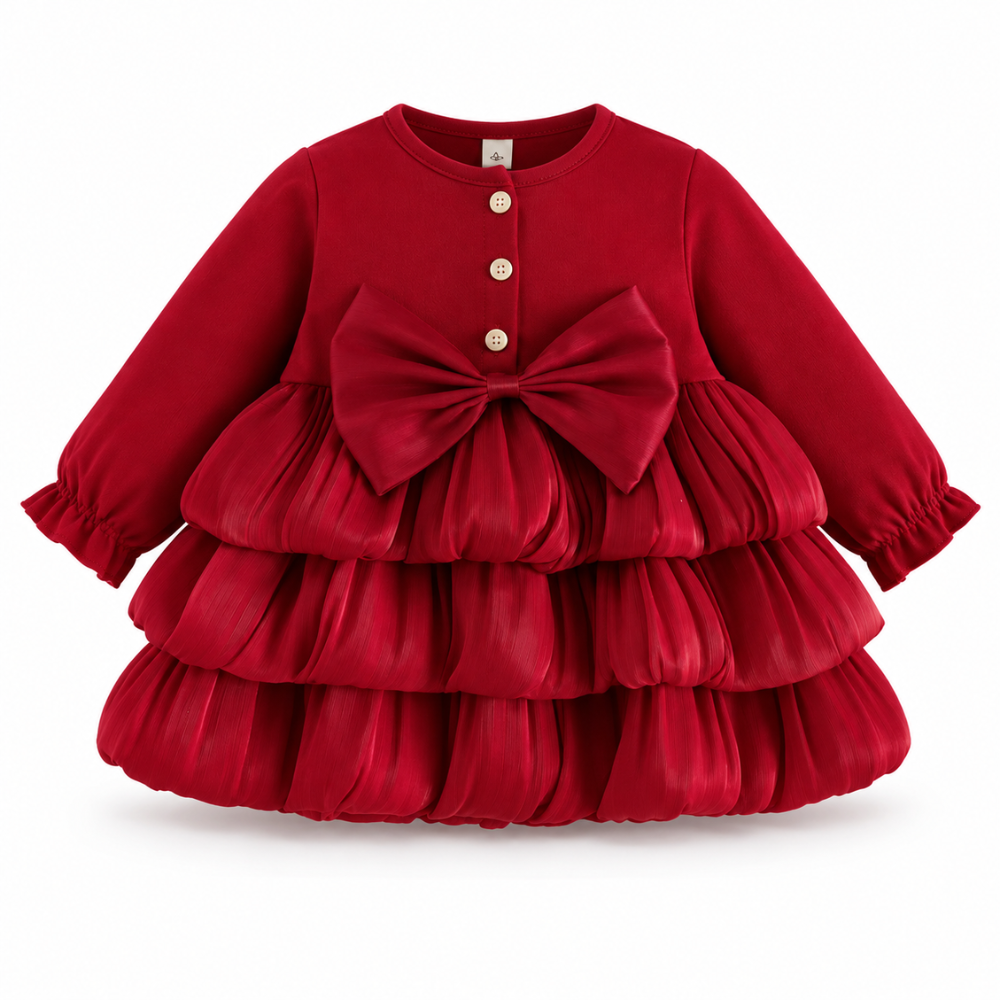 Robe de Princesse Bébé de Noël Rouge à Manches Longues et Grand Nœud – 6 à 24 mois