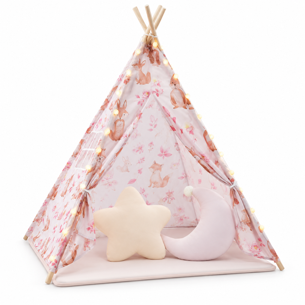 Tipi Enfant Fille Rose à Motif Lapins avec Tapis, Coussins et Guirlande Lumineuse