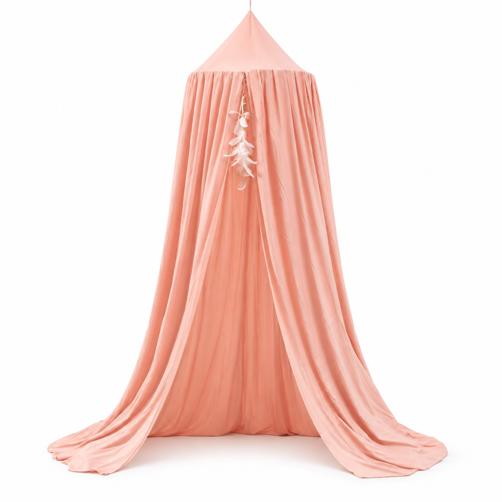 Ciel de Lit Enfant Fille Rose en Voilage Coton avec Plumes