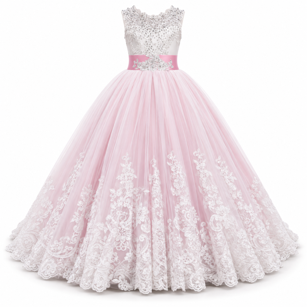 Robe de Cérémonie Fille Longue en Dentelle et Tulle  – 3 à 14 ans