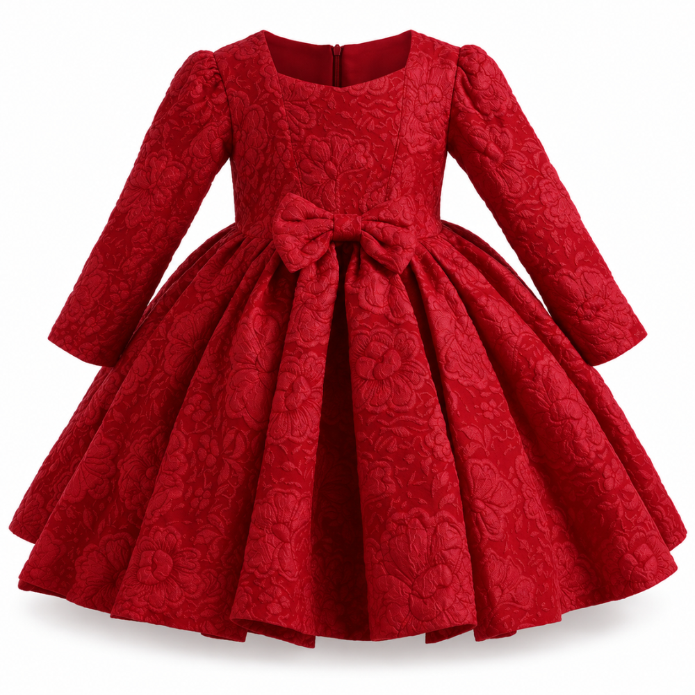 Robe de Cérémonie Fille à Manches Longues avec Grand Nœud  – 18 mois à 7 ans