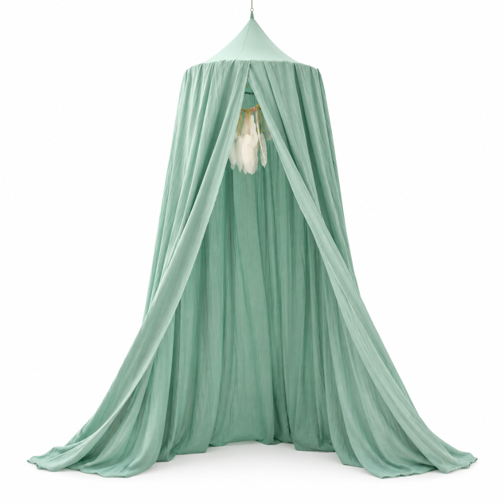 Ciel de Lit Enfant Vert Sauge en Voilage avec Plumes