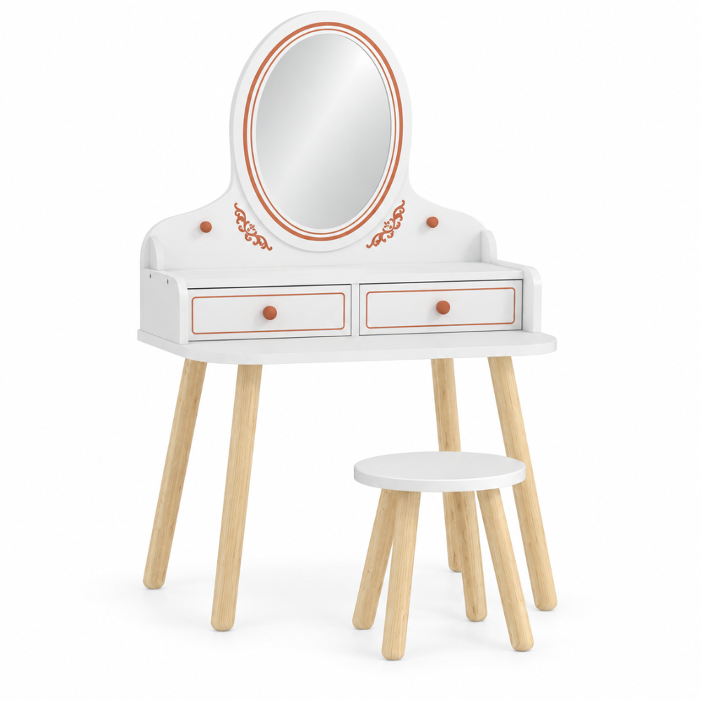 Coiffeuse enfant princesse en bois blanc avec miroir ovale et tabouret — 3 à 8 ans