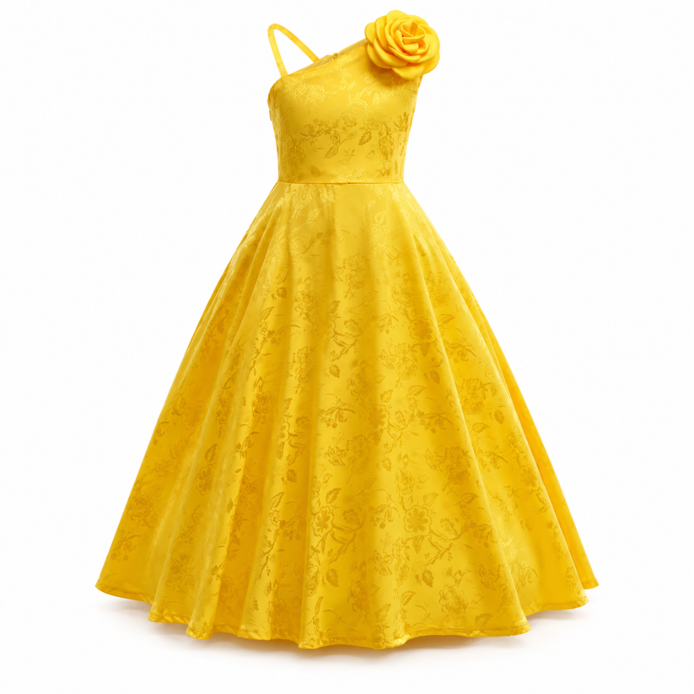 Robe de Cérémonie Fille Jaune Asymétrique avec Rose  – 4 à 12 ans