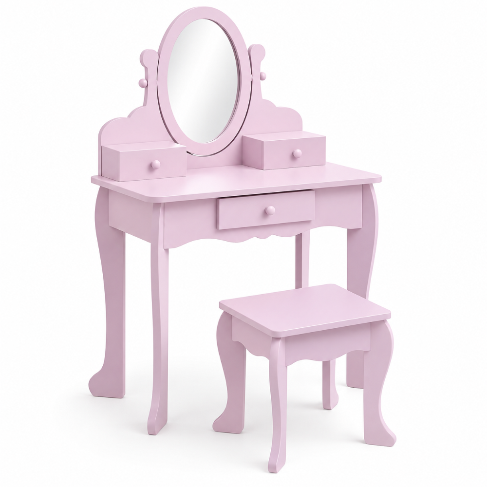 Coiffeuse enfant princesse en bois violet avec miroir, tabouret et accessoires — 3 à 6 ans