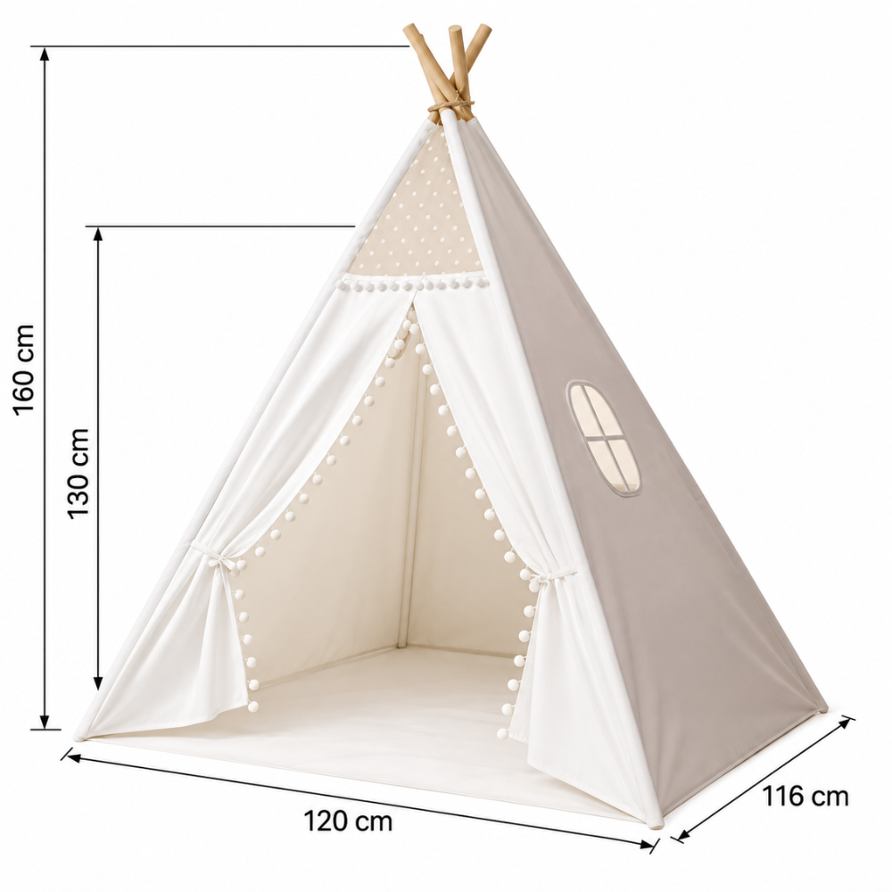 Tipi Enfant Fille Blanc à Pompons avec Fenêtre
