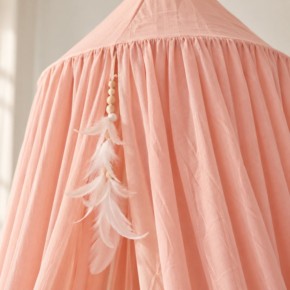 Ciel de Lit Enfant Fille Rose en Voilage Coton avec Plumes