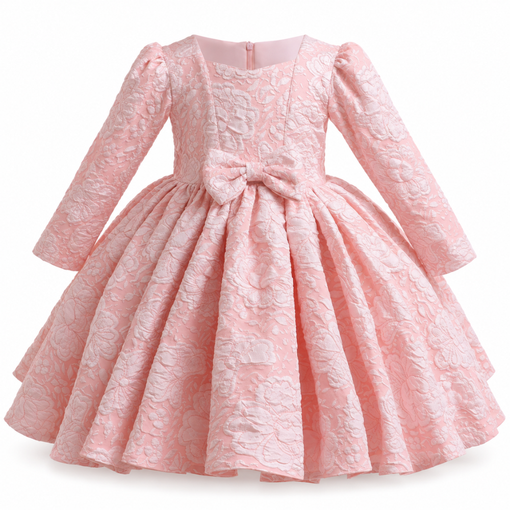 Robe de Cérémonie Fille à Manches Longues avec Grand Nœud  – 18 mois à 7 ans