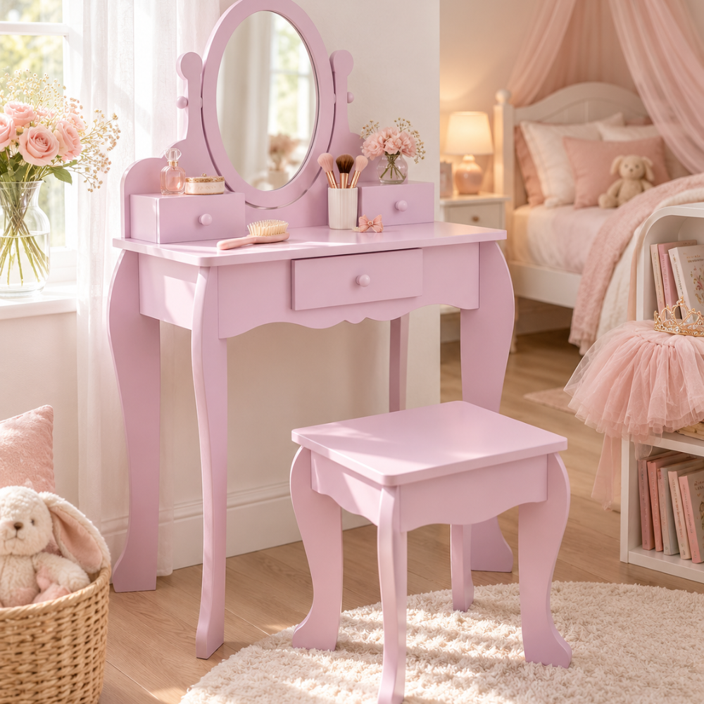 Coiffeuse enfant princesse en bois violet avec miroir, tabouret et accessoires — 3 à 6 ans