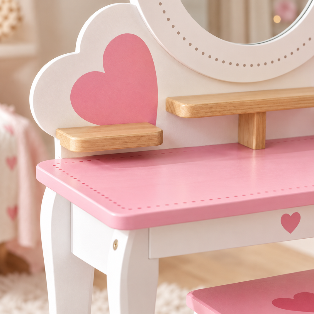 Coiffeuse enfant princesse 2 en 1 en bois avec miroir amovible et tabouret — dès 3 ans