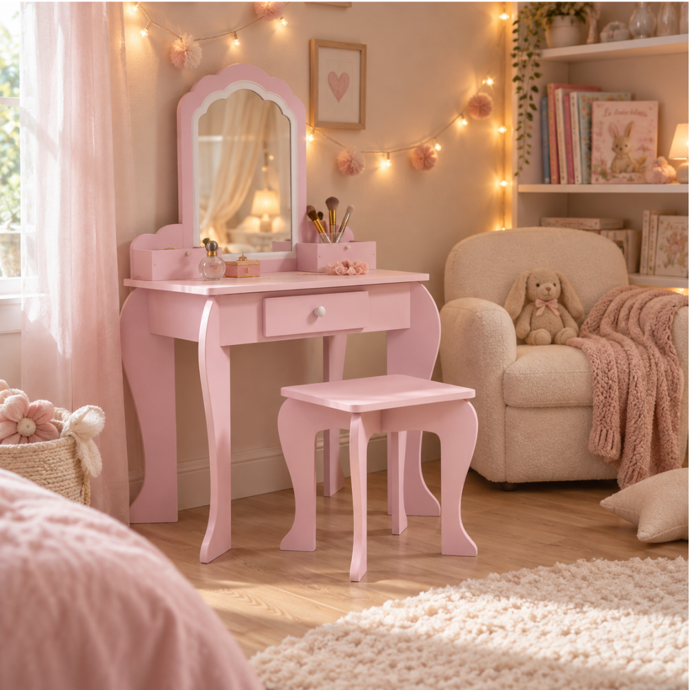 Coiffeuse enfant princesse en bois rose avec miroir et tabouret — 3 à 6 ans