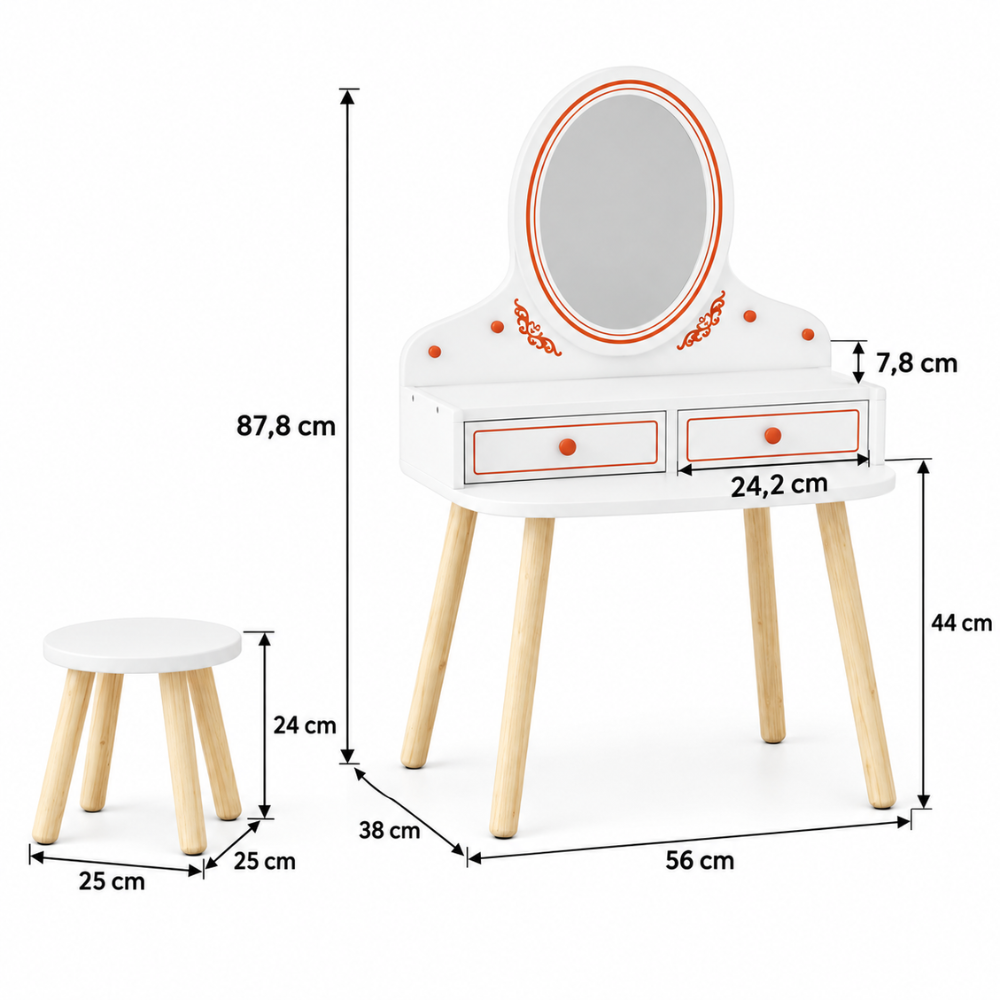 Coiffeuse enfant princesse en bois blanc avec miroir ovale et tabouret — 3 à 8 ans