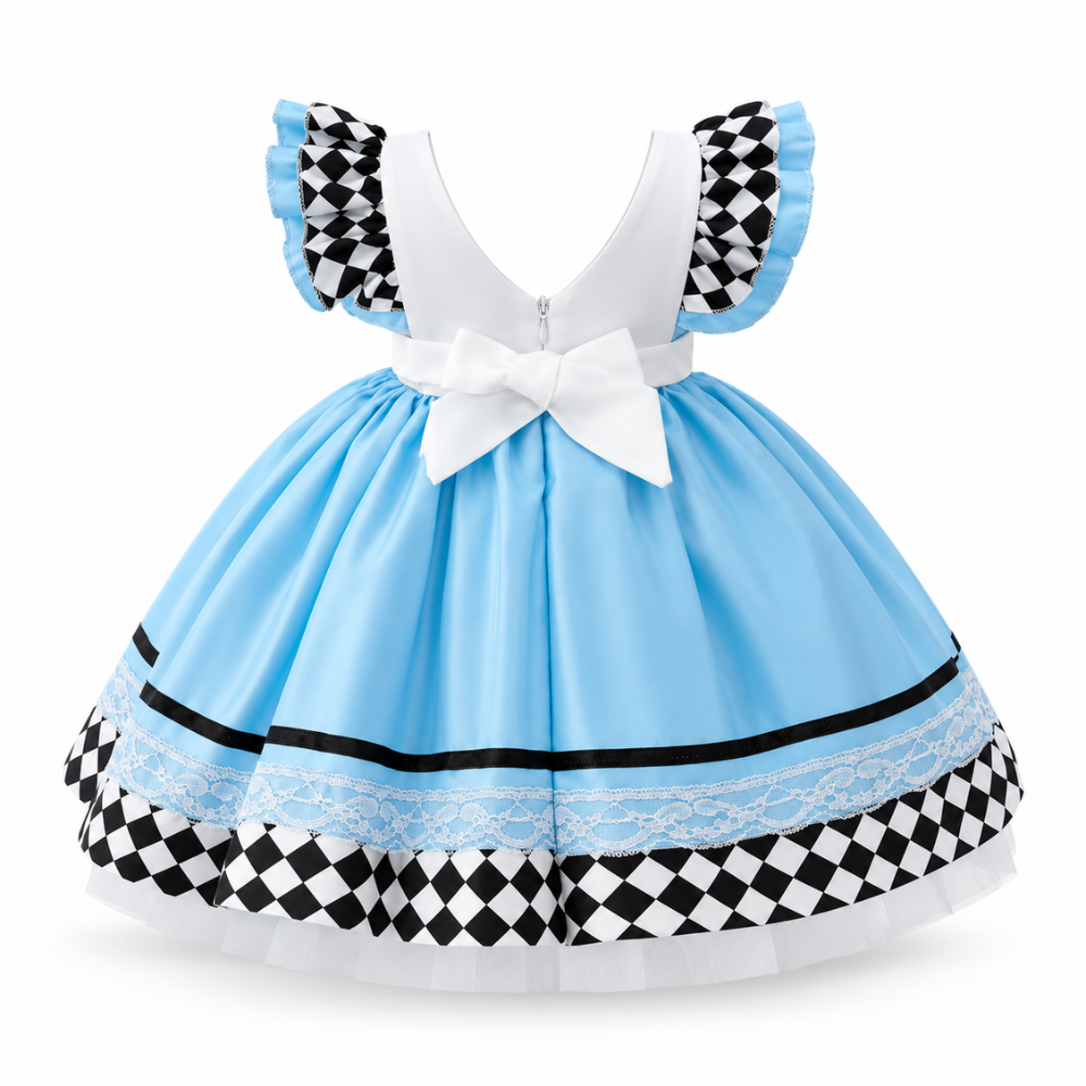 Robe de Princesse Bébé Bleue à Tablier Blanc et Damier – 9 mois à 4 ans