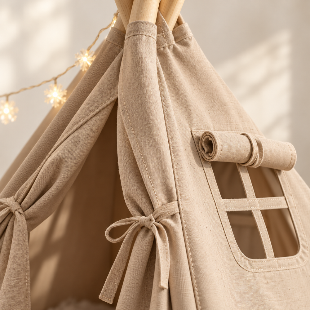 Tipi Enfant Fille Beige avec Tapis, Coussins et Guirlande Lumineuse