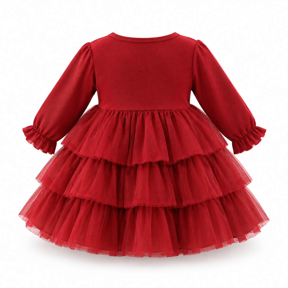 Robe de Princesse Bébé de Noël Rouge à Manches Longues et Grand Nœud – 6 à 24 mois