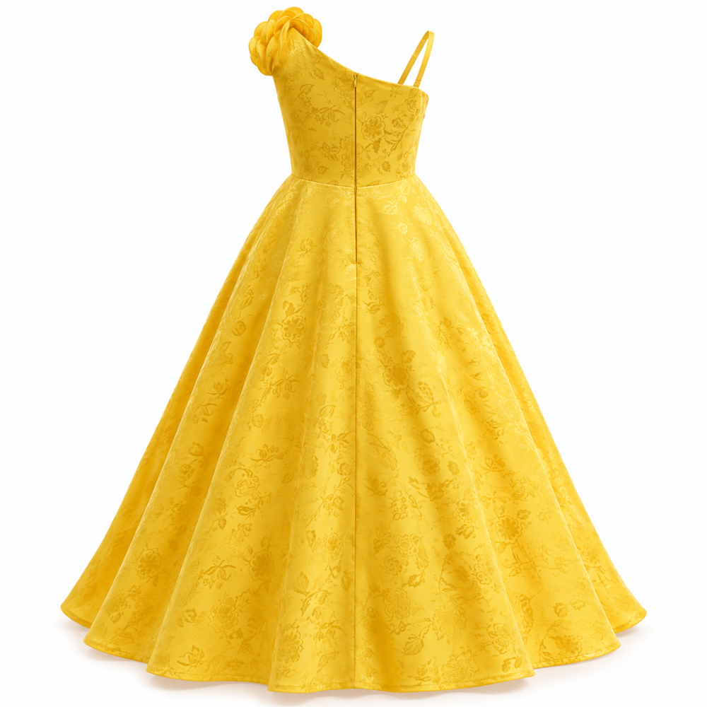 Robe de Cérémonie Fille Jaune Asymétrique avec Rose  – 4 à 12 ans