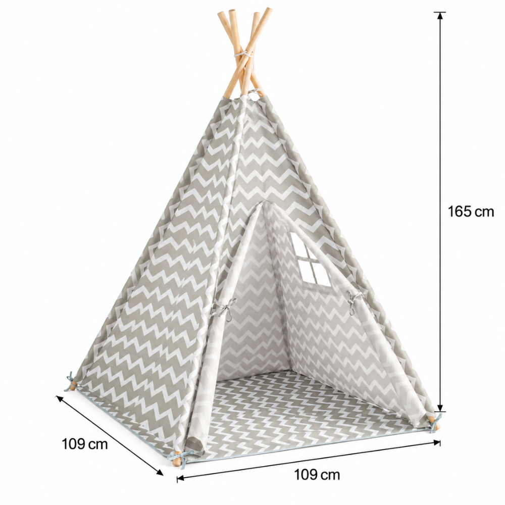 Tipi Enfant Gris à Chevrons avec Tapis de Sol et Fenêtre