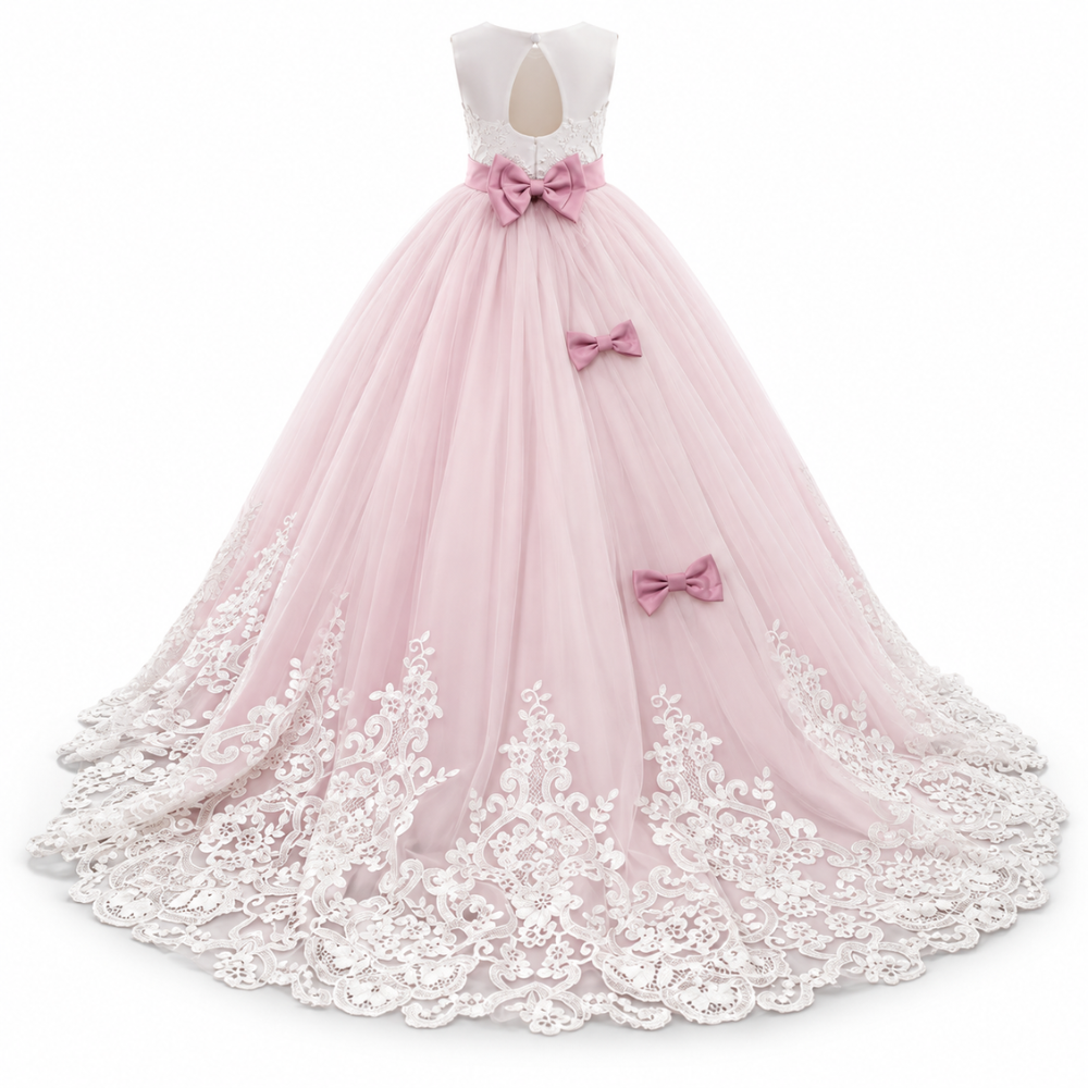 Robe de Cérémonie Fille Longue en Dentelle et Tulle  – 3 à 14 ans