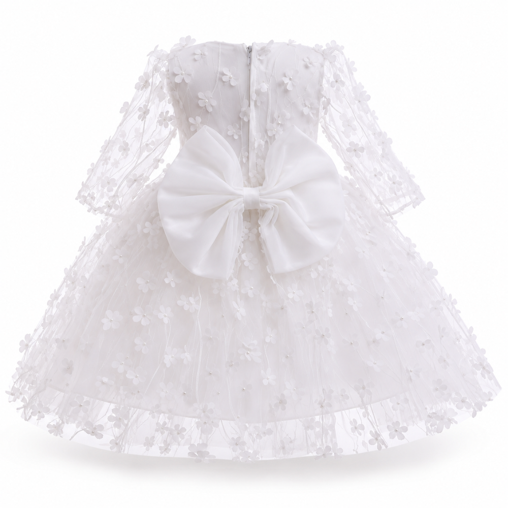 Robe de Princesse Bébé Blanche de Baptême et Manches Longues – 0 à 24 mois