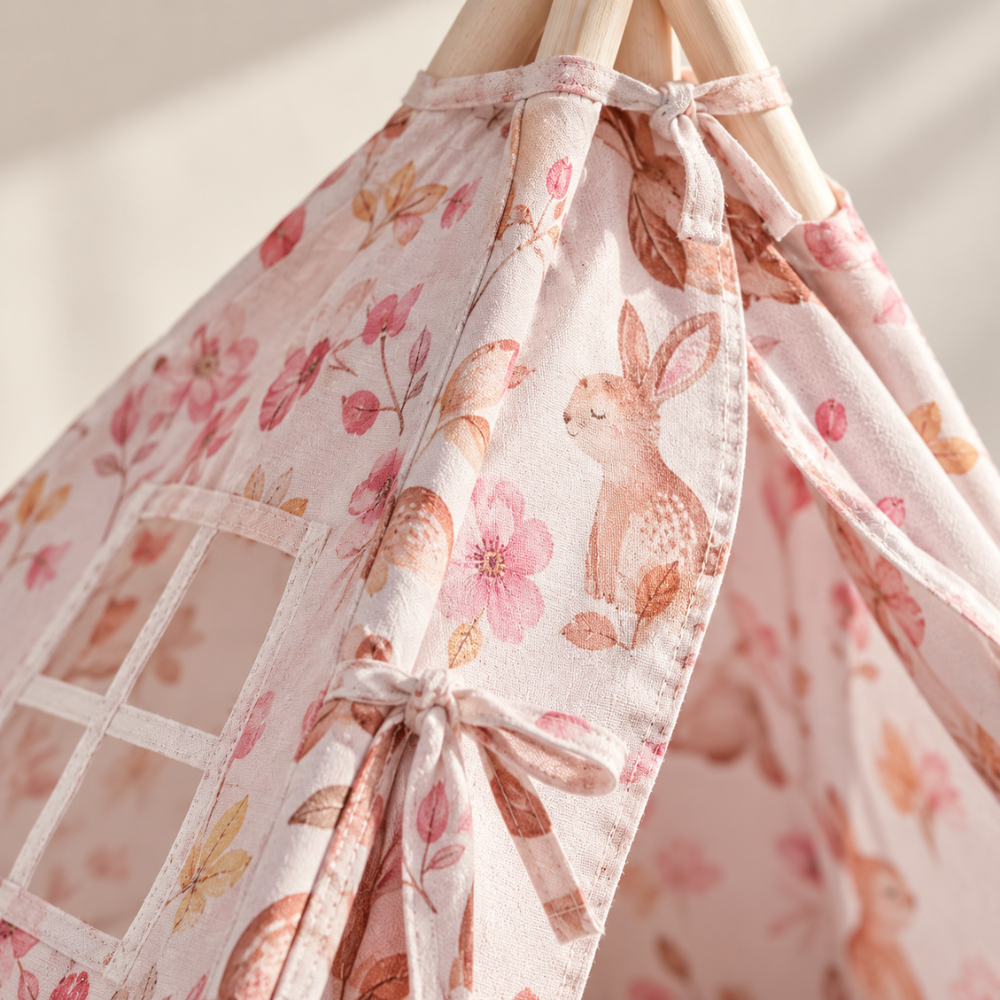 Tipi Enfant Fille Rose à Motif Lapins avec Tapis, Coussins et Guirlande Lumineuse