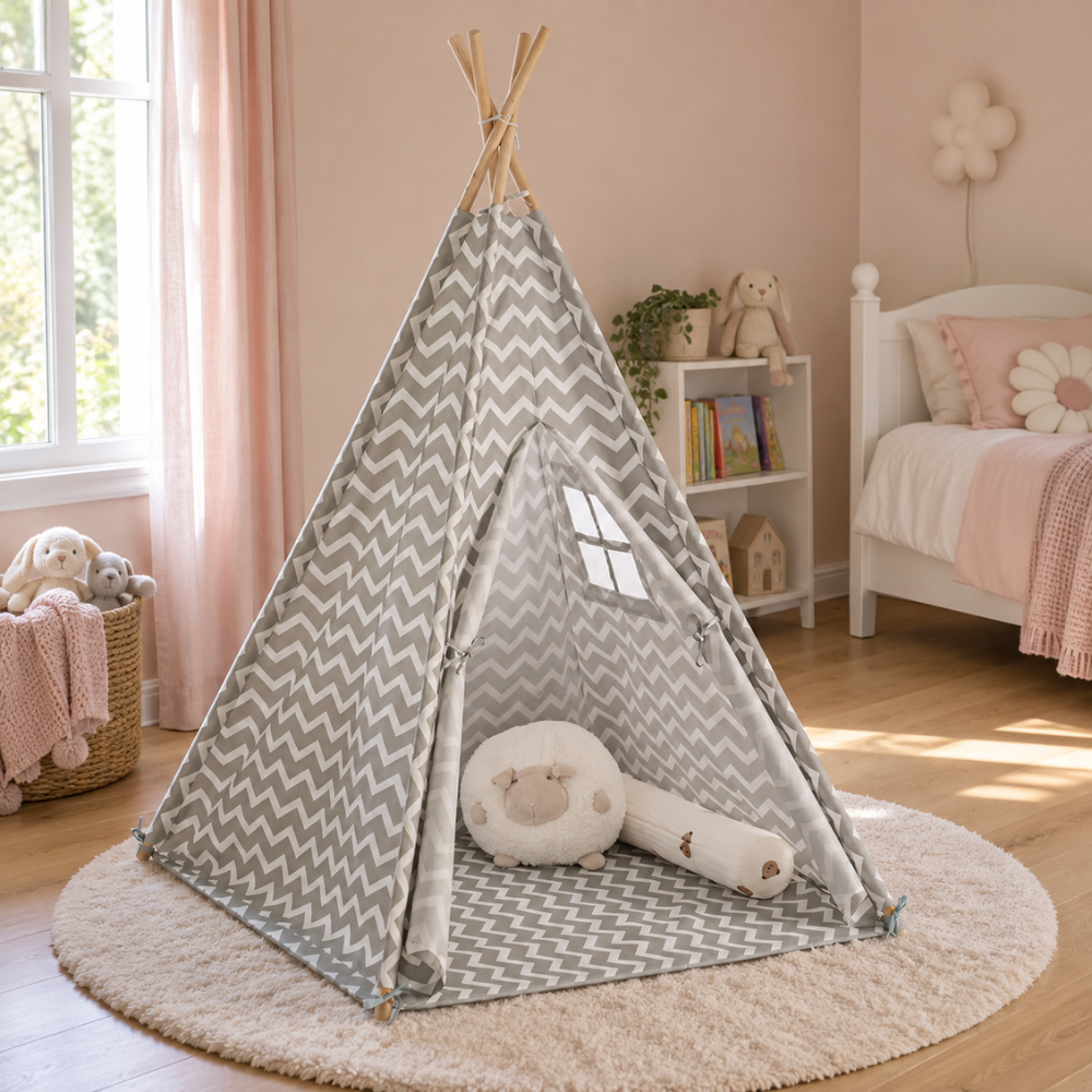 Tipi Enfant Gris à Chevrons avec Tapis de Sol et Fenêtre