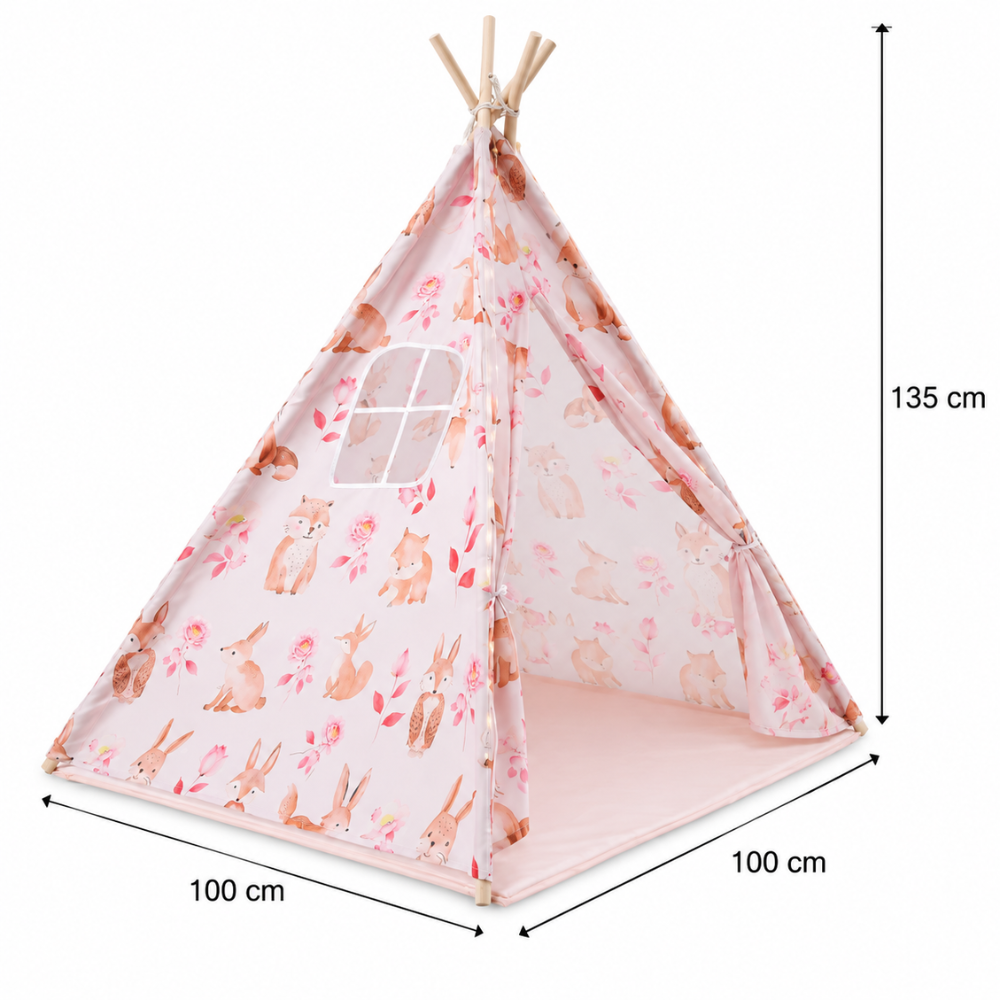Tipi Enfant Fille Rose à Motif Lapins avec Tapis, Coussins et Guirlande Lumineuse
