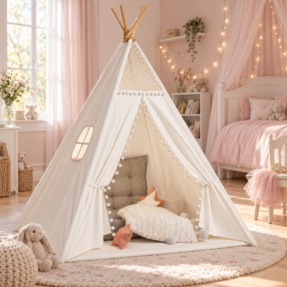 Tipi Enfant Fille Blanc à Pompons avec Fenêtre