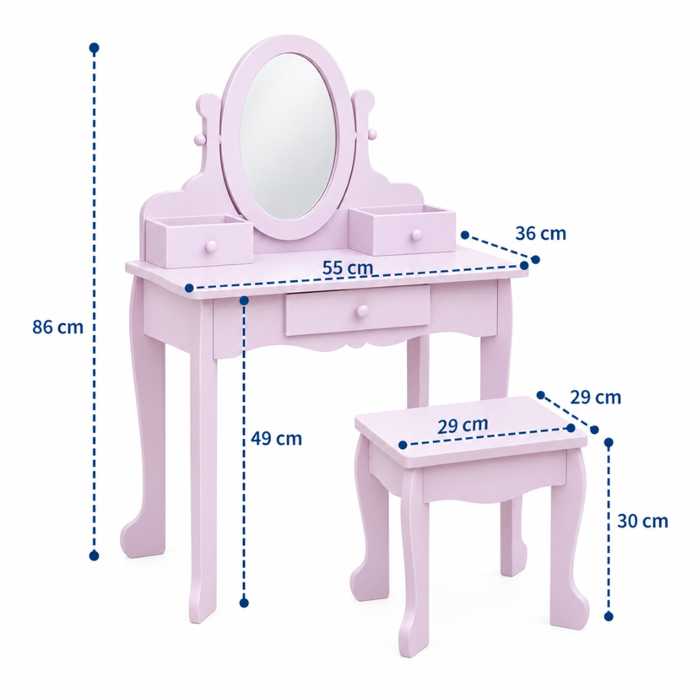 Coiffeuse enfant princesse en bois violet avec miroir, tabouret et accessoires — 3 à 6 ans