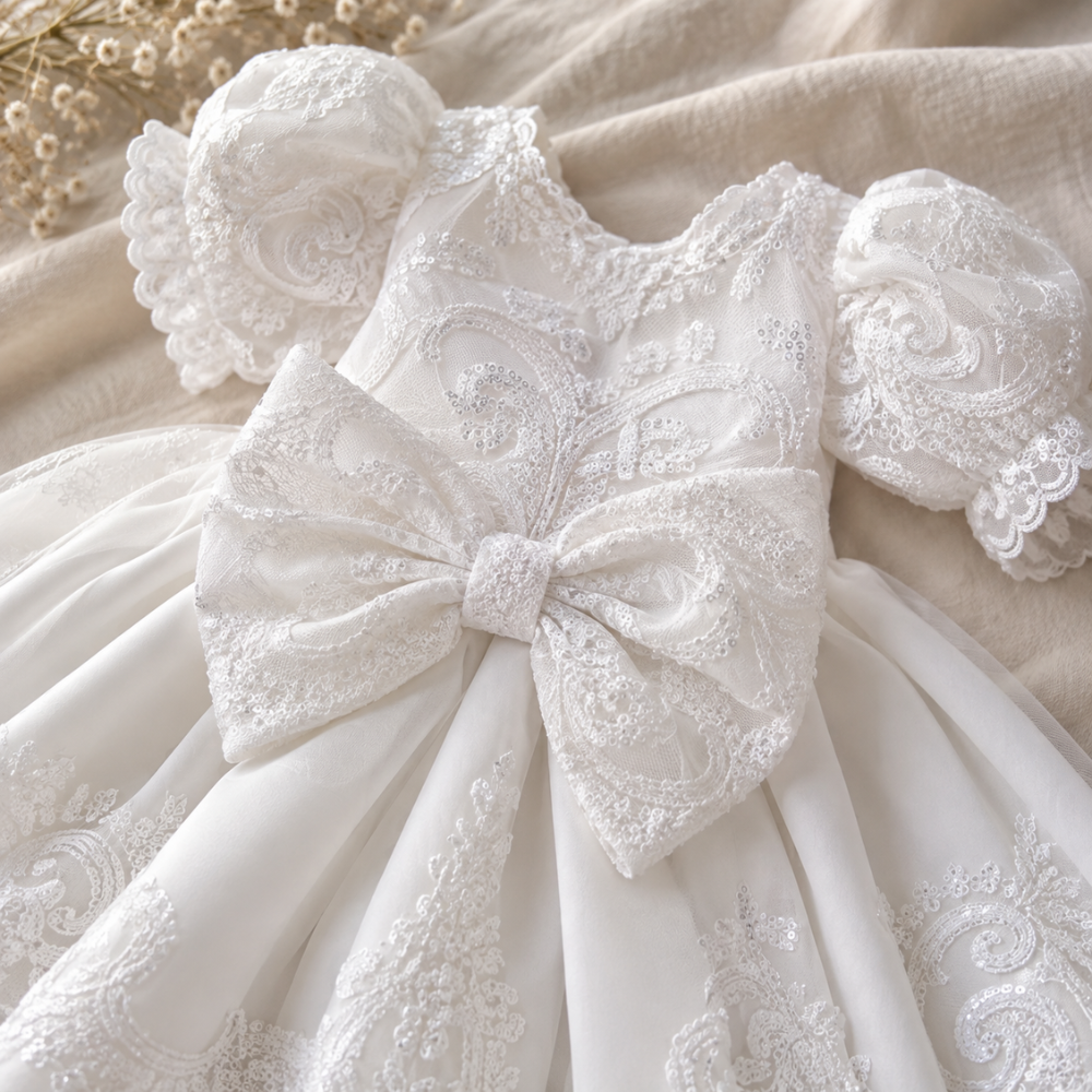 Robe de Princesse Bébé en Dentelle Brodée à Manches Bouffantes – 6 mois à 3 ans