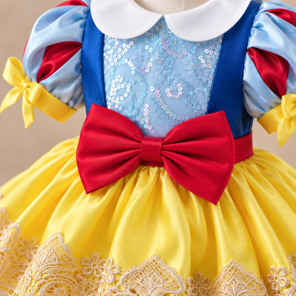 Robe de Princesse Bébé Jaune et Bleue à Grand Nœud avec Bandeau – 6 mois à 3 ans