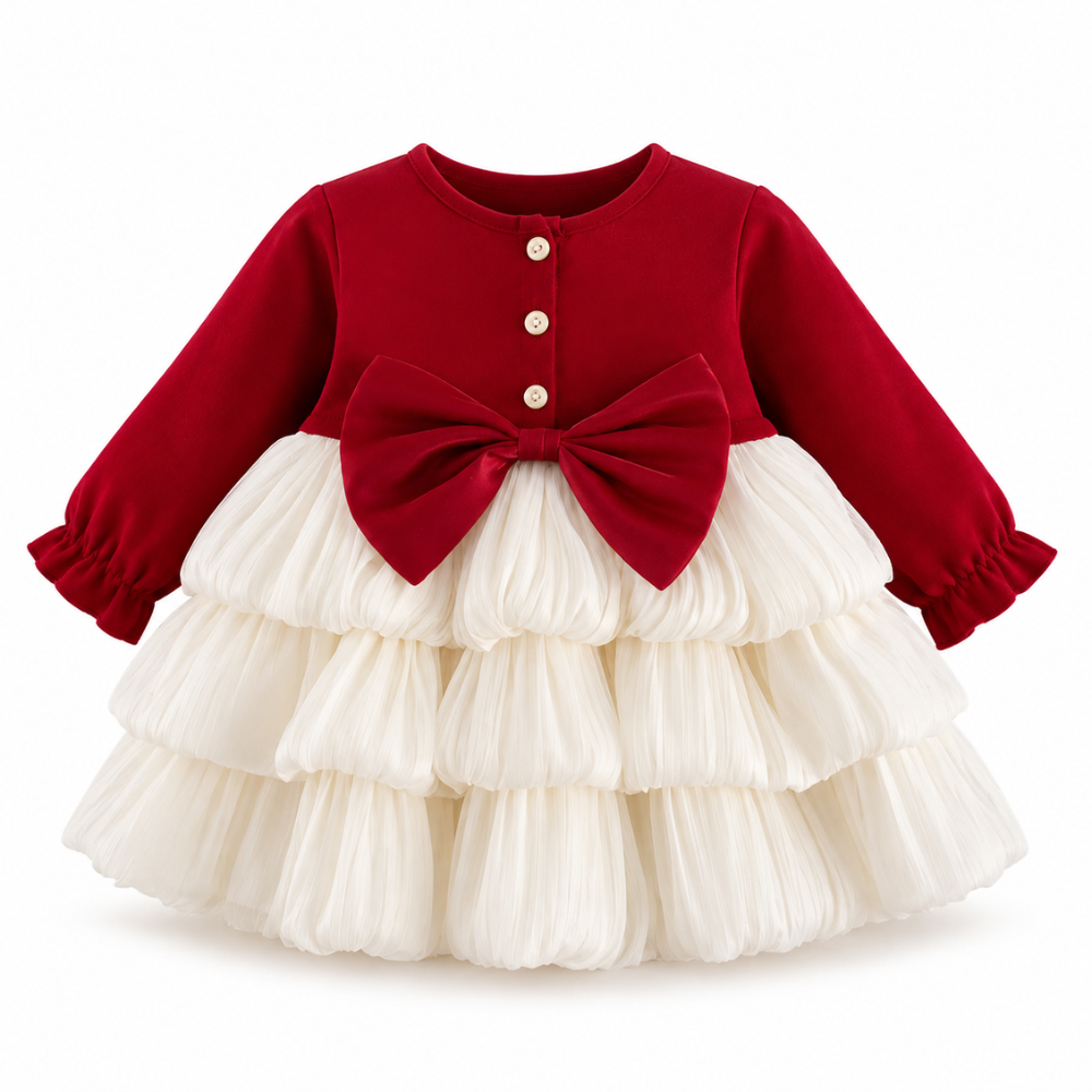 Robe de Princesse Bébé de Noël Rouge à Manches Longues et Grand Nœud – 6 à 24 mois