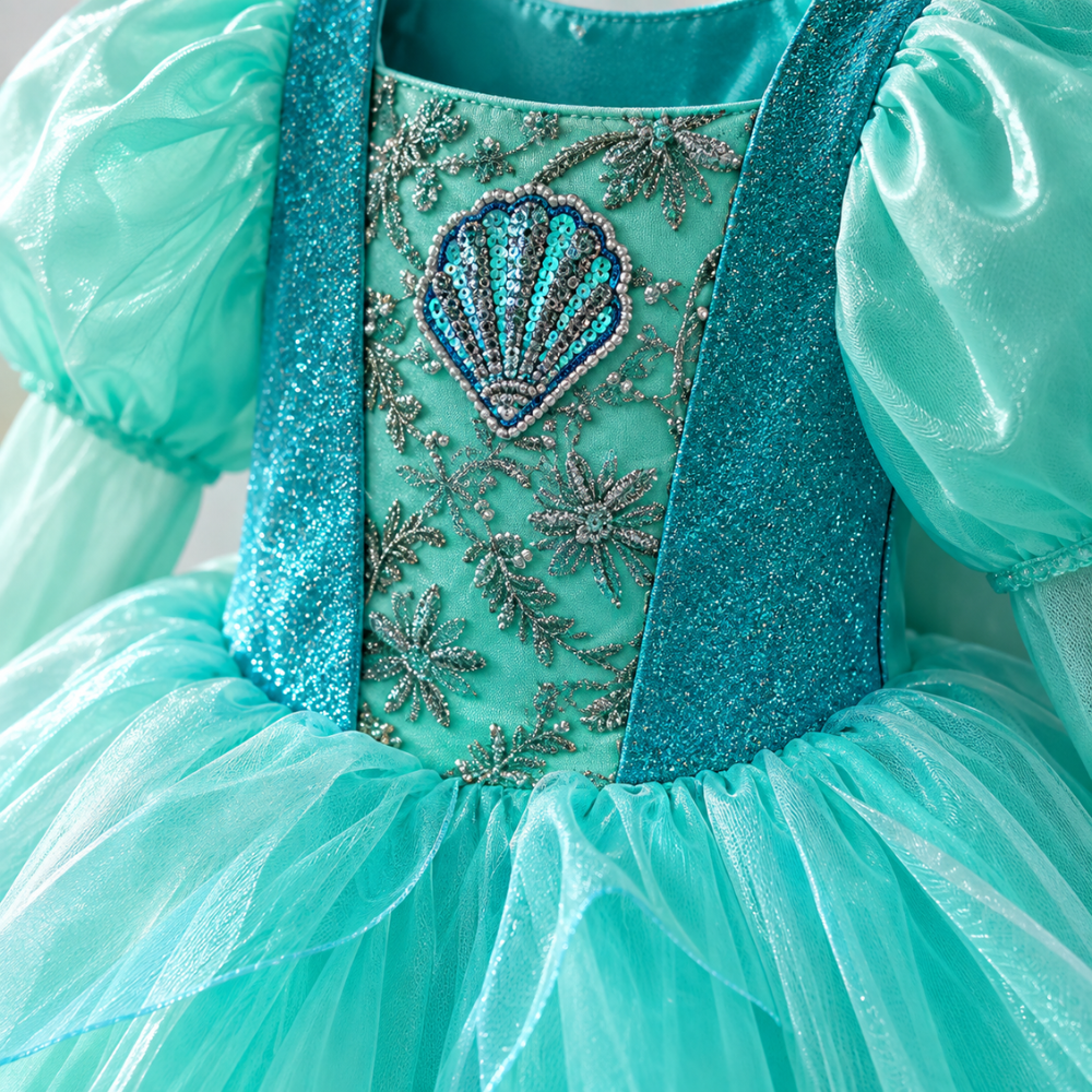 Robe de Princesse Fille Vert Corsage Brodé Coquillage – 2 à 10 ans