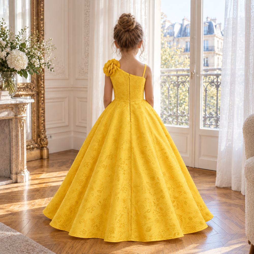 Robe de Cérémonie Fille Jaune Asymétrique avec Rose  – 4 à 12 ans