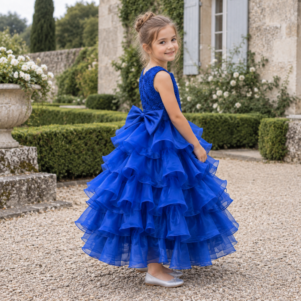 Robe de Cérémonie Fille à Volants en Organza et Grand Nœud – 3 à 10 ans