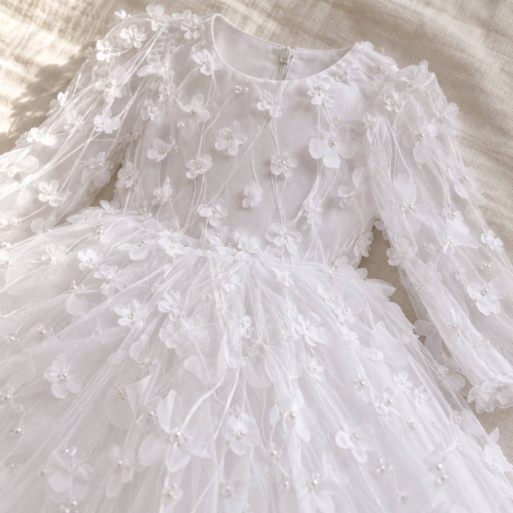 Robe de Princesse Bébé Blanche de Baptême et Manches Longues – 0 à 24 mois
