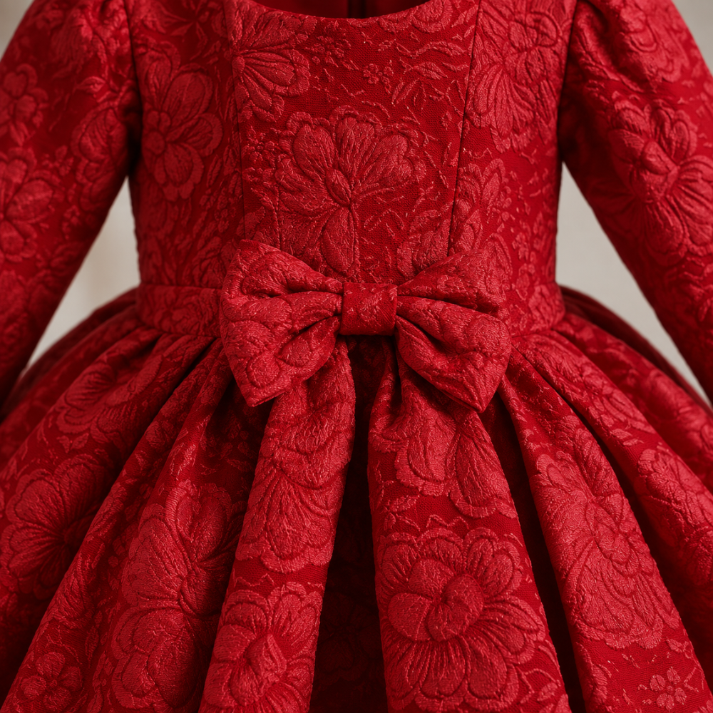 Robe de Cérémonie Fille à Manches Longues avec Grand Nœud  – 18 mois à 7 ans