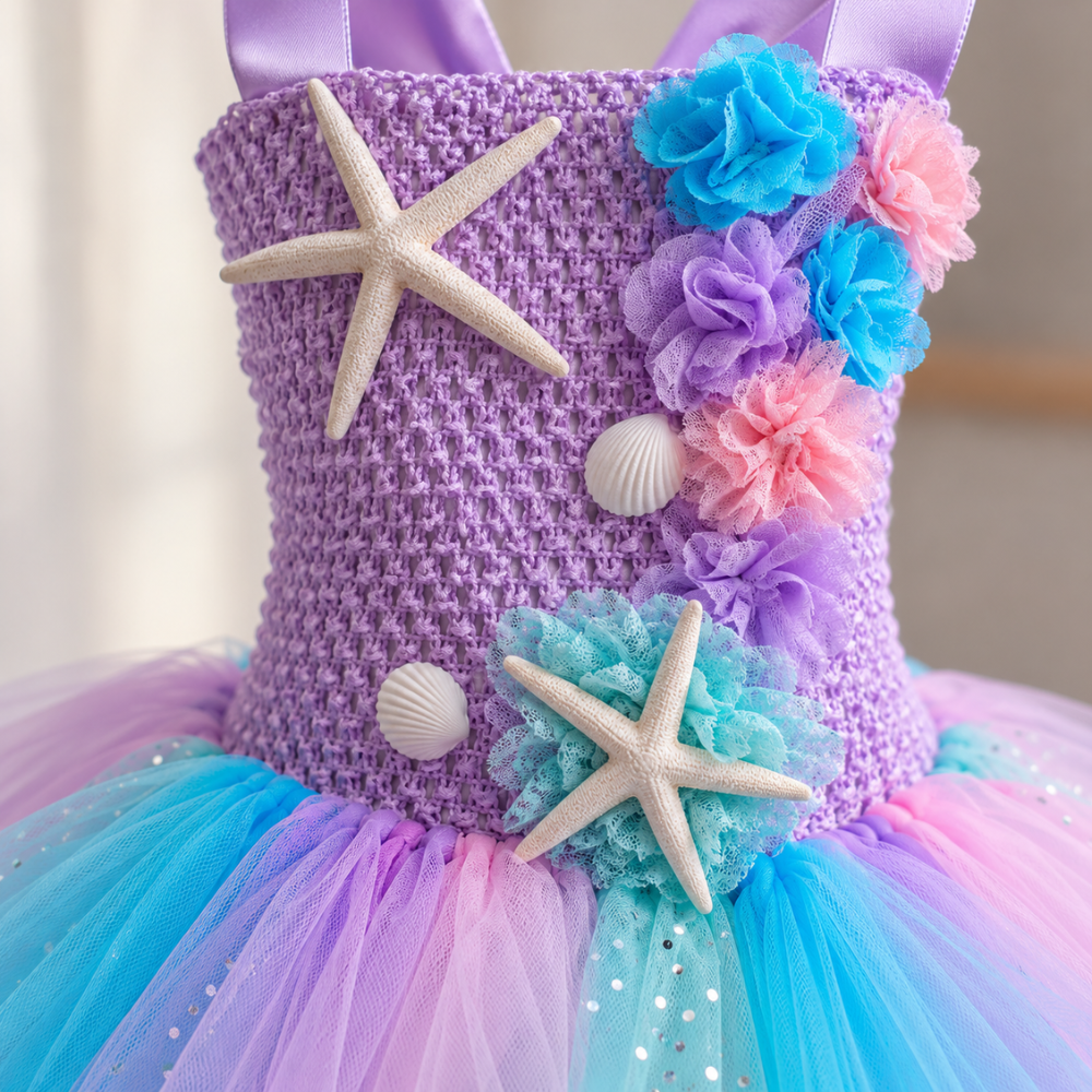 Robe de Princesse Fille Sirène en Tulle avec Étoiles de Mer – 2 à 12 ans