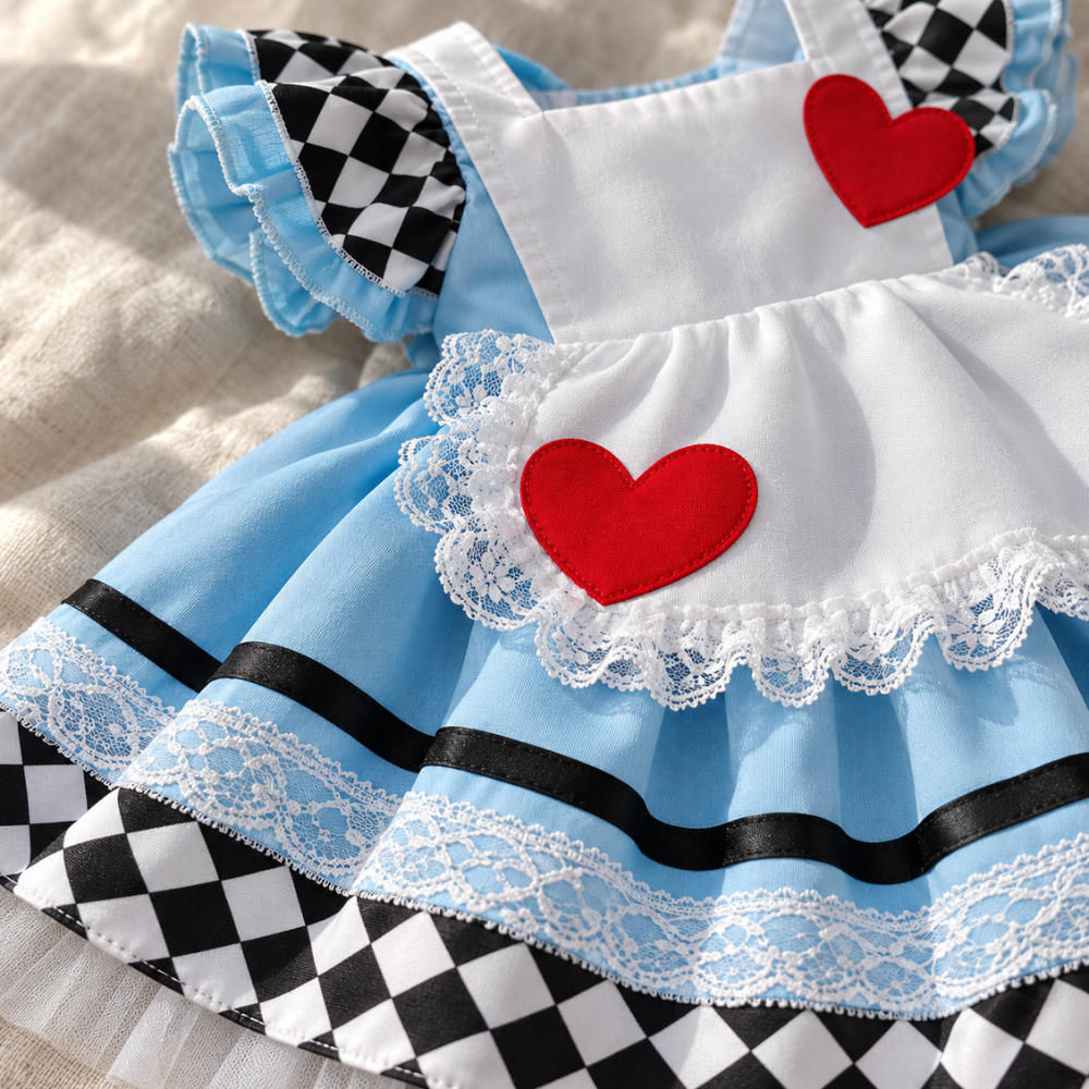 Robe de Princesse Bébé Bleue à Tablier Blanc et Damier – 9 mois à 4 ans