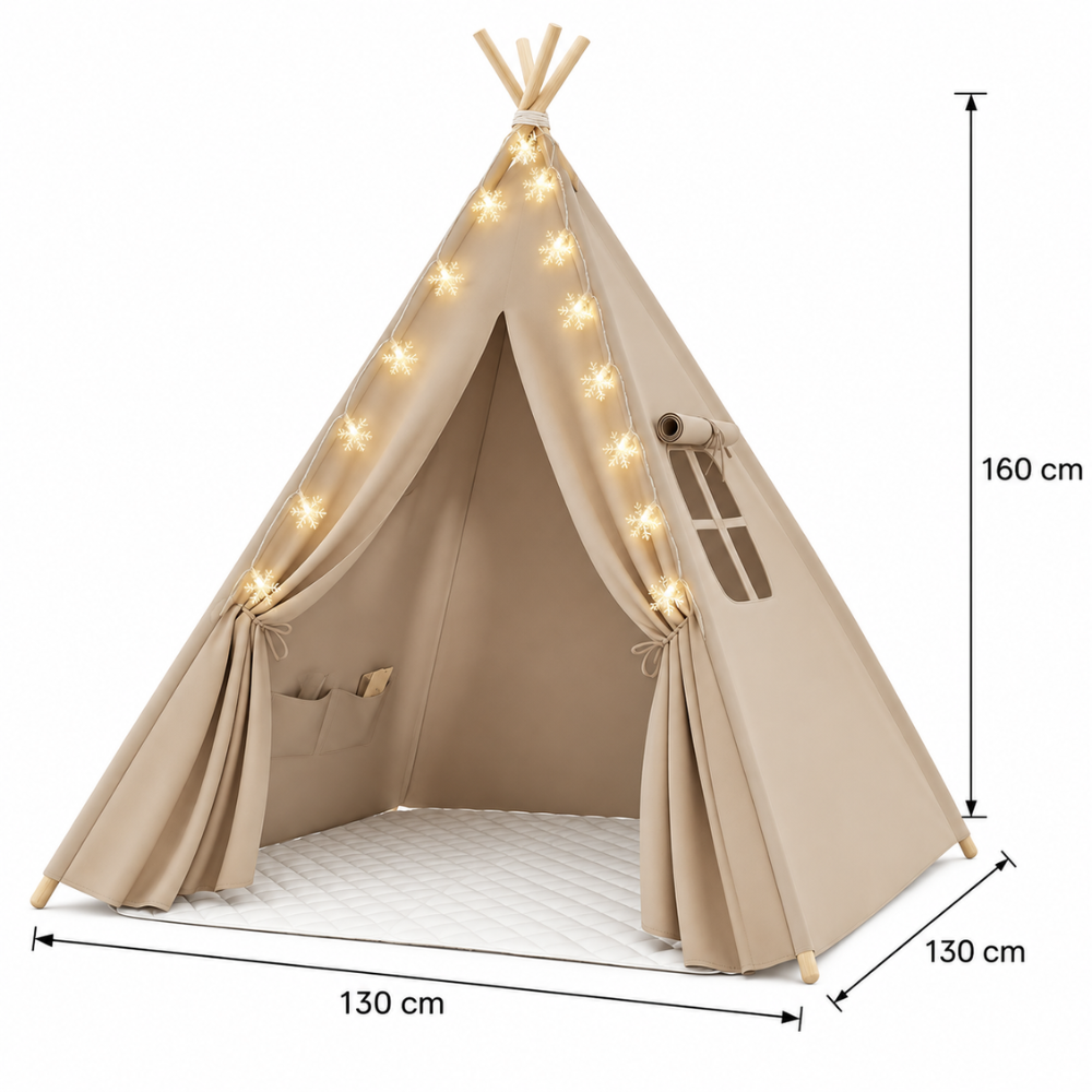 Tipi Enfant Fille Beige avec Tapis, Coussins et Guirlande Lumineuse