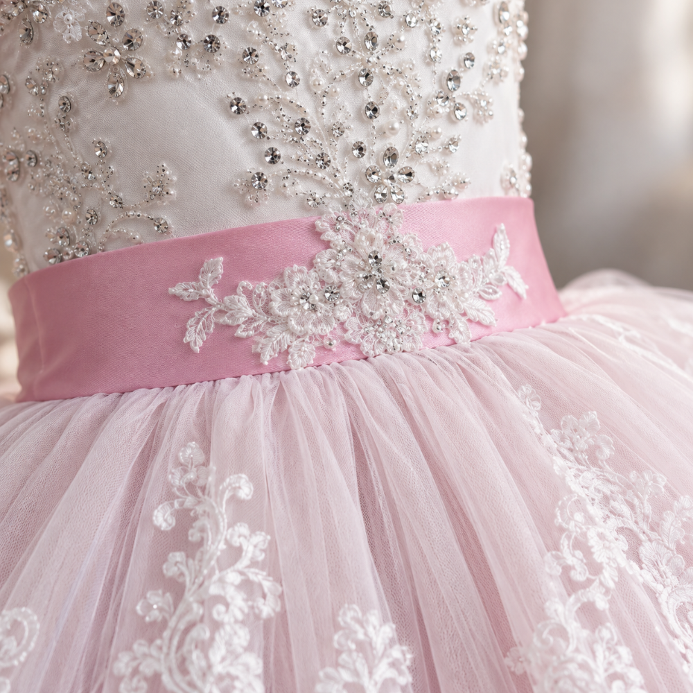 Robe de Cérémonie Fille Longue en Dentelle et Tulle  – 3 à 14 ans