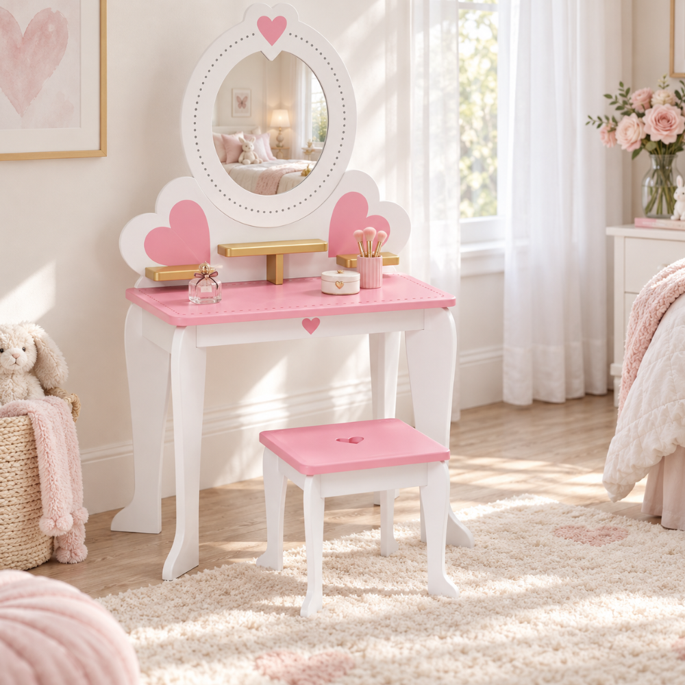 Coiffeuse enfant princesse 2 en 1 en bois avec miroir amovible et tabouret — dès 3 ans